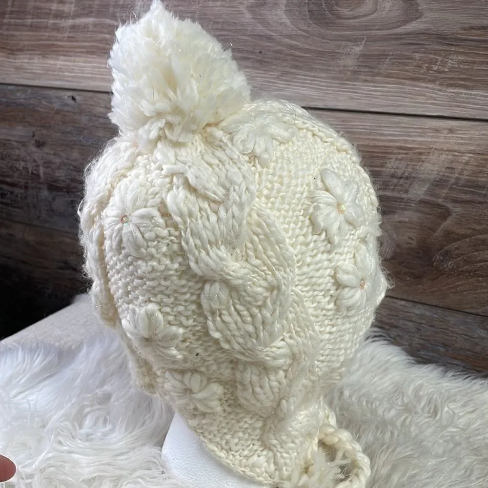 Knitted Ear Flap Beanie Youth Hat , Youth Size 8-16, Off White